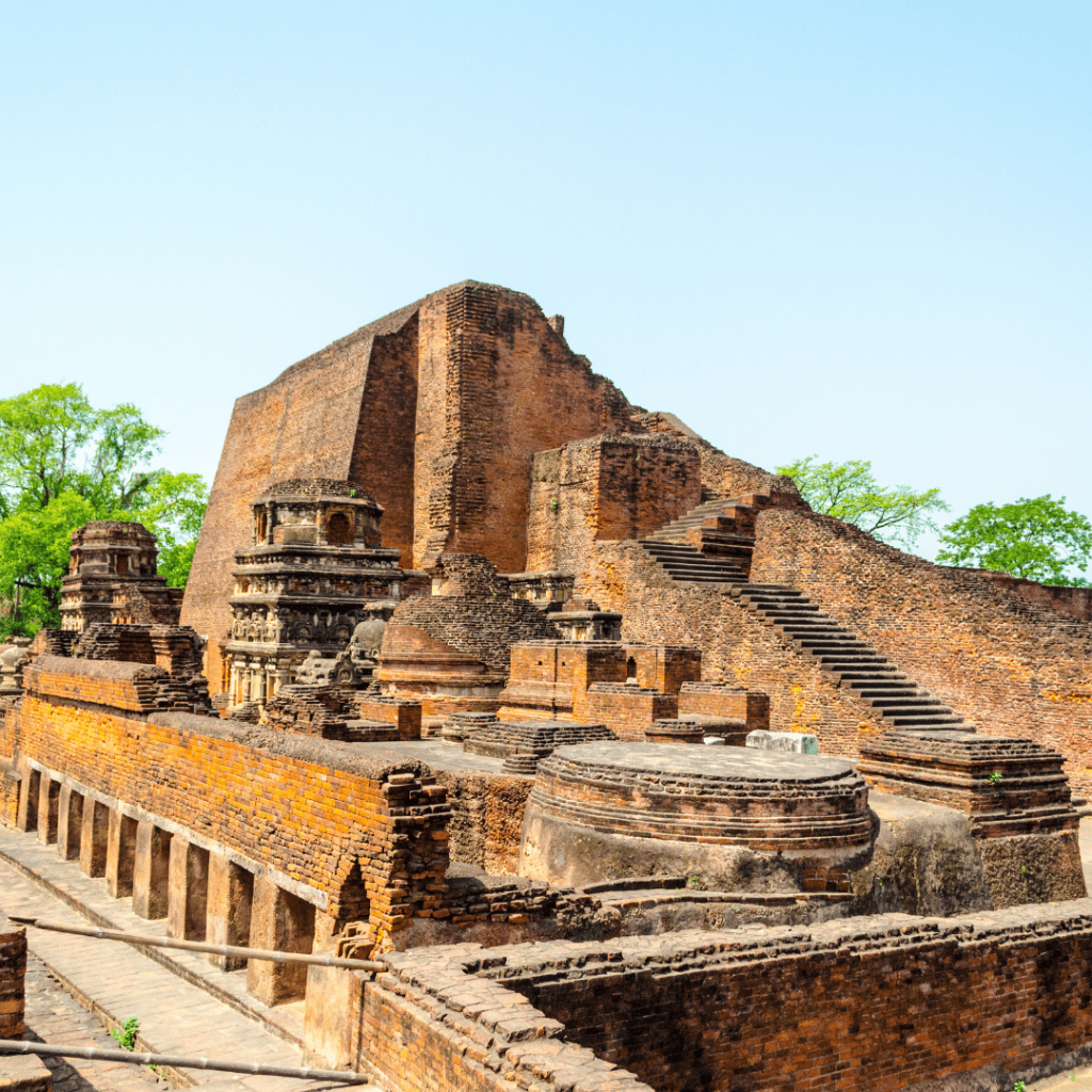 Ancient Nalanda Mahavihara ruins in Bihar, India – historic Buddhist university visited by pilgrims from around the world.